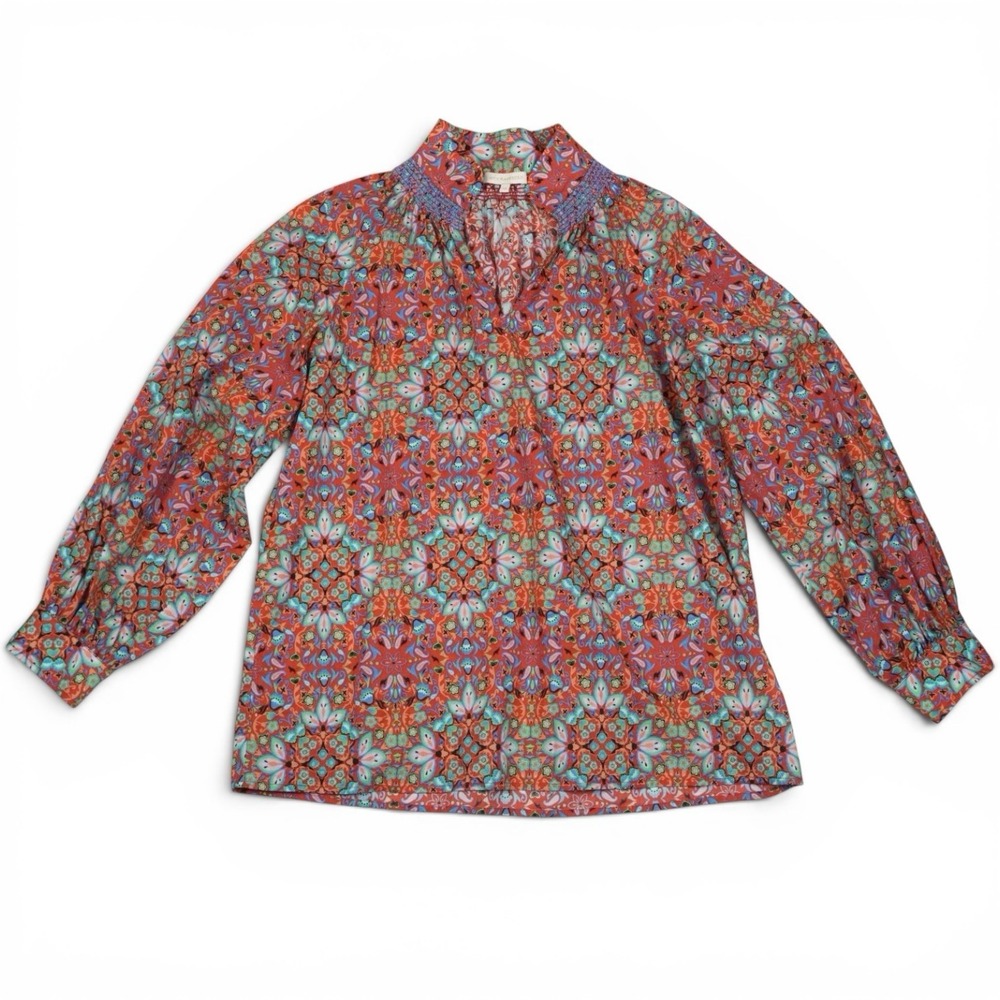 Ann Mashburn Relaxed Fit Cotton Popover Blouse XS Smock Collar Floral